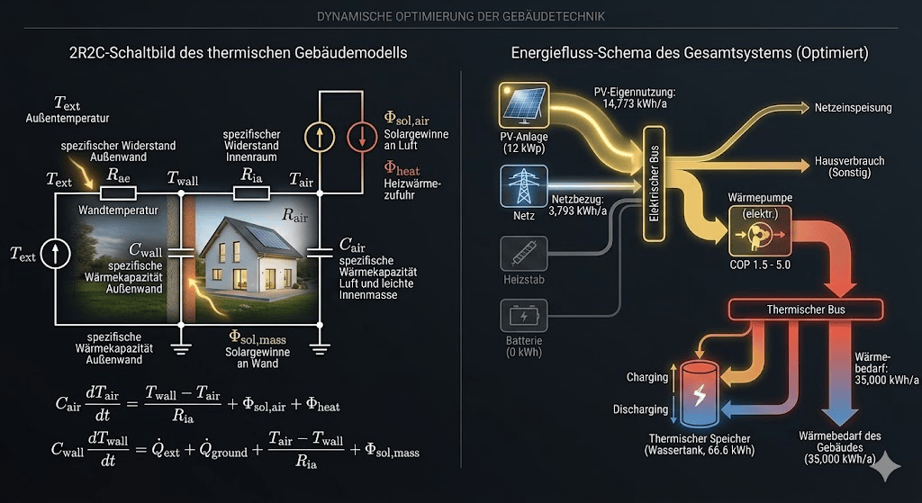 2R2C-Schaltbild des thermischen Gebäudemodells und Energiefluss-Schema des Gesamtsystems