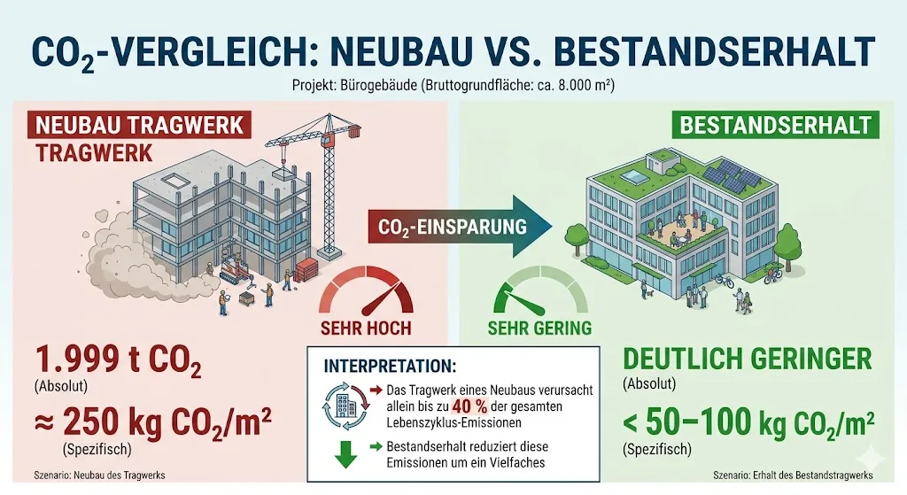 CO₂-Vergleich: Neubau vs. Bestandserhalt – Bürogebäude mit ca. 8.000 m² Bruttogrundfläche