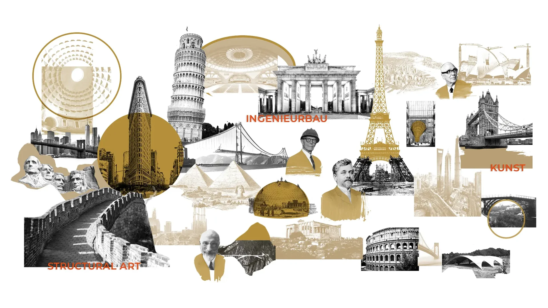 Collage ikonischer Ingenieurbauwerke – Brücken, Türme, Schalen und ihre Erbauer